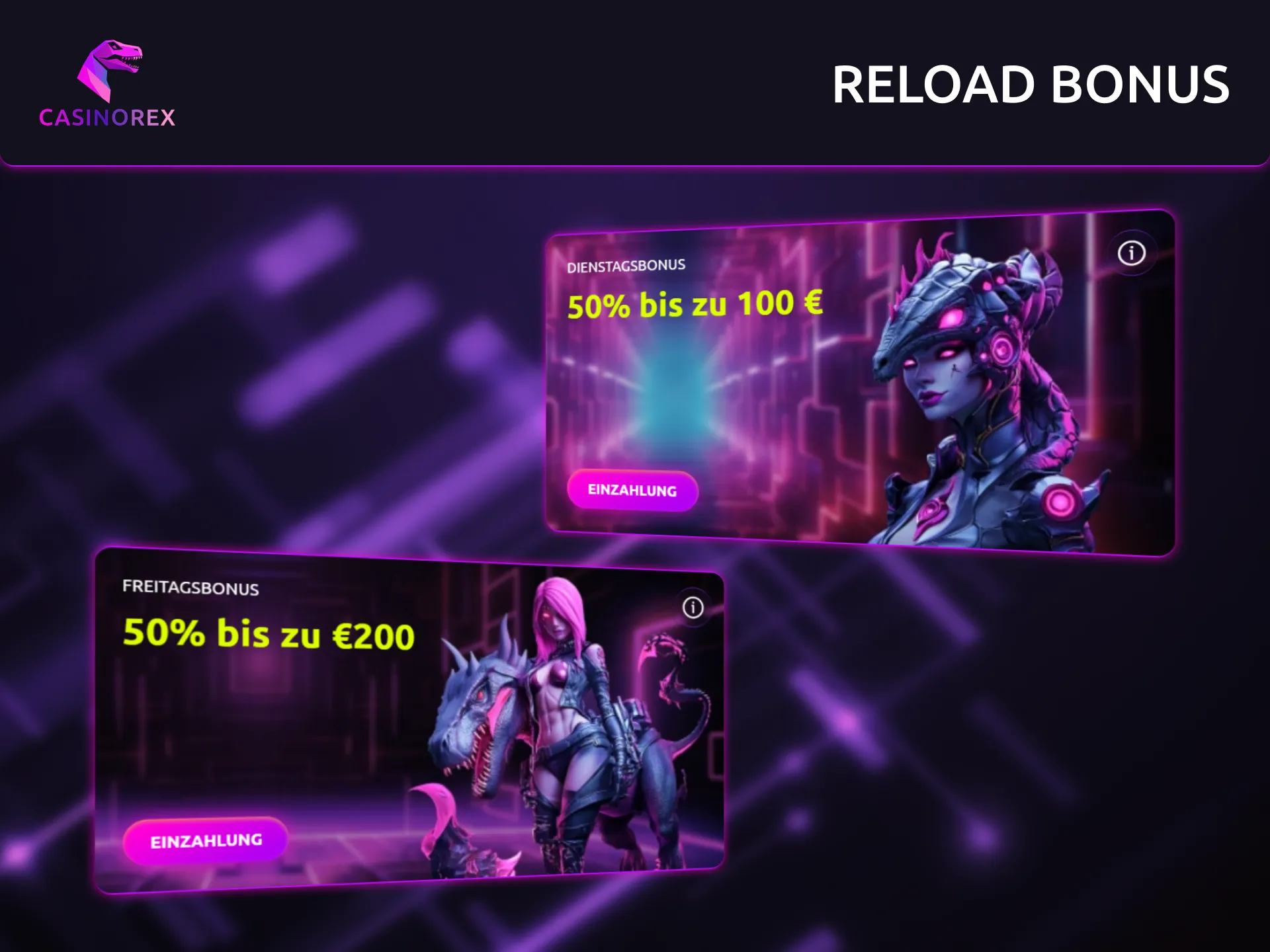 Für treue Spieler bietet CasinoRex zweimal pro Woche einen 50 % Reload-Bonus am Dienstag und Freitag.