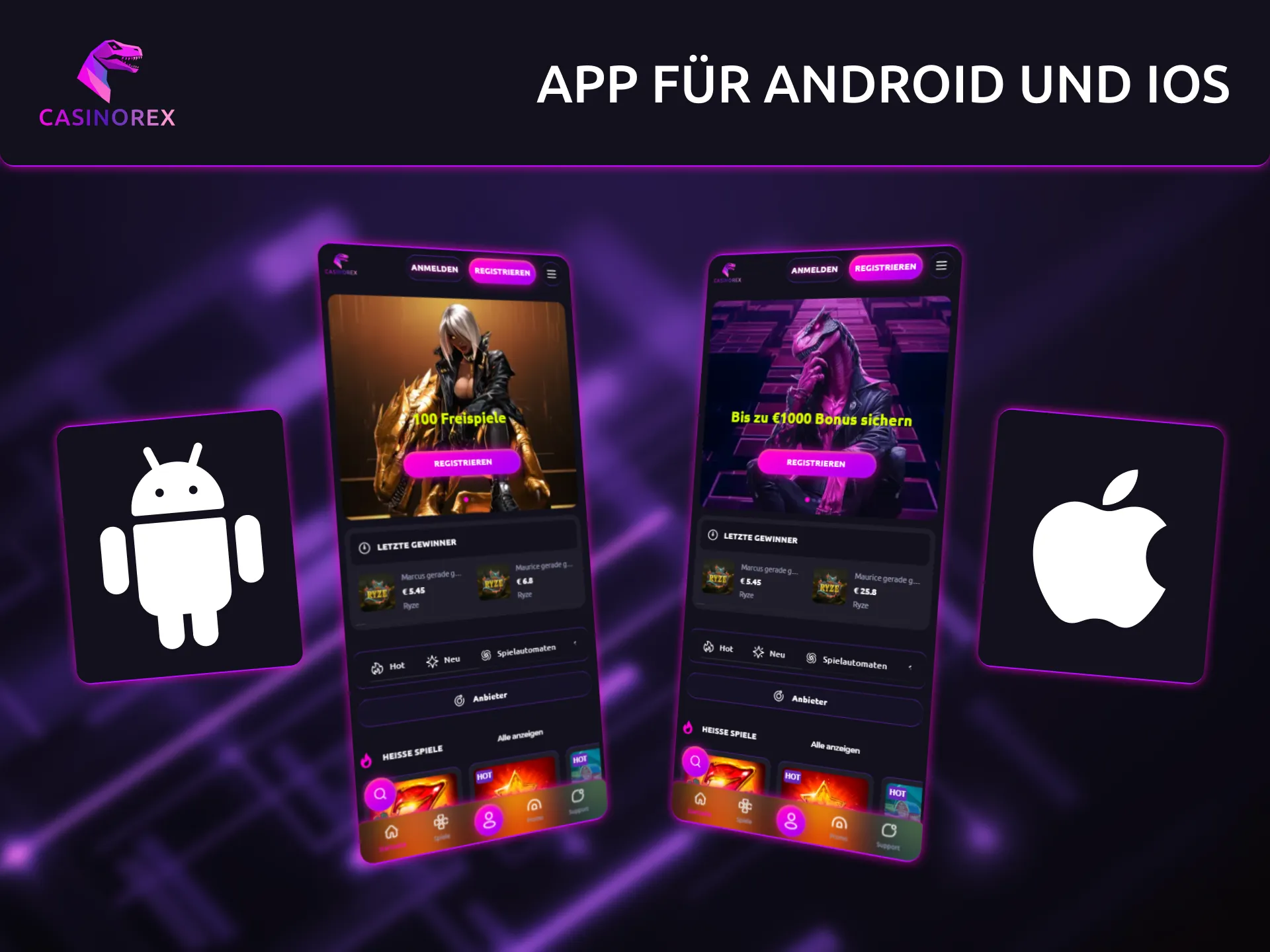 Nutzen Sie die CasinoRex-PWA-App für Android- und iOS-Geräte.