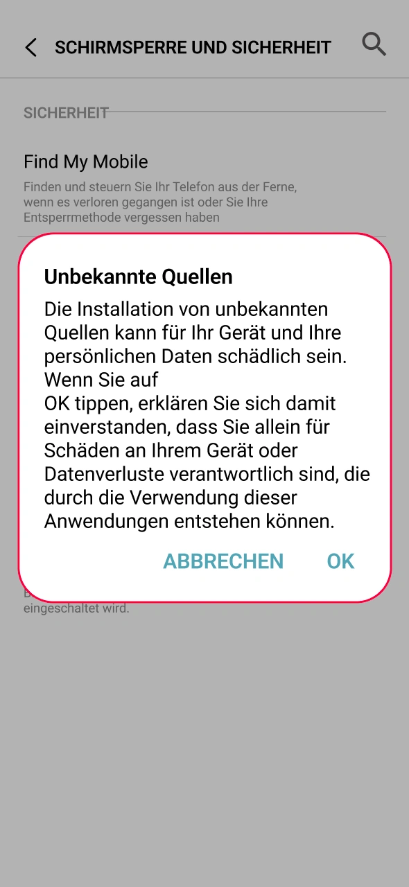 Öffnen Sie die Sicherheitseinstellungen und erlauben Sie unbekannte Quellen für eine schnelle Installation der CasinoRex App.