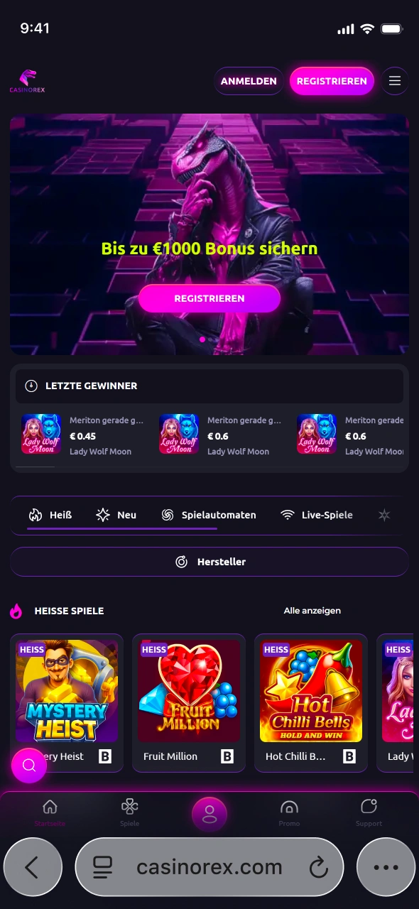 Besuchen Sie die offizielle CasinoRex Website auf Ihrem iPhone und sichern Sie sich schnellen Zugriff auf alle Spiele.