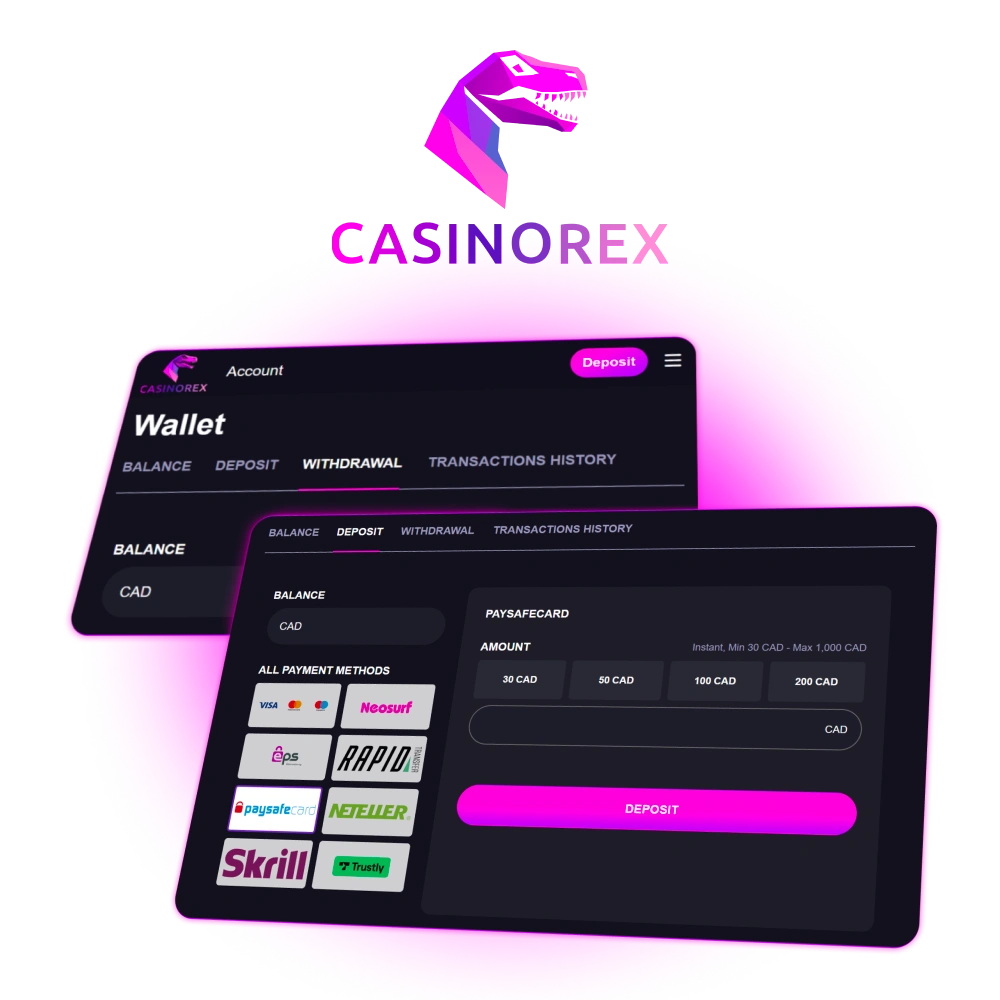 Make secure deposits and fast withdrawals at CasinoRex in Canada using cryptocurrencies bank cards and e wallets while enjoying low transaction limits and a rewarding welcome bonus.
