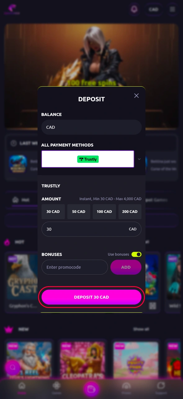 Enter the required information in the CasinoRex form and complete your deposit or withdrawal with smooth and reliable processing.