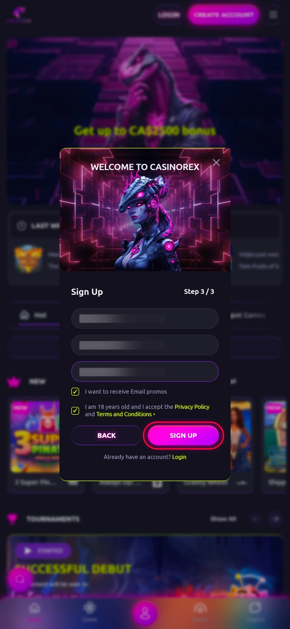 Finalize your CasinoRex sign up and enter your new profile to enjoy seamless gameplay and rewarding promotions.